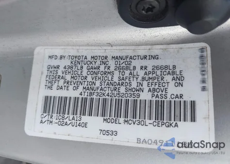 2002 Toyota Camry Xle V6 z USA, uszkodzony, nr VIN 4T1BF32K42U520359